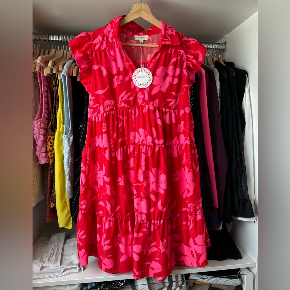 NWT Umgee Vibrant Red and Pink tiered babydoll dress